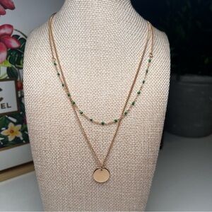 Boho Layered Gold Necklace Green Beads Coin Pendant Minimalist Cottagecore